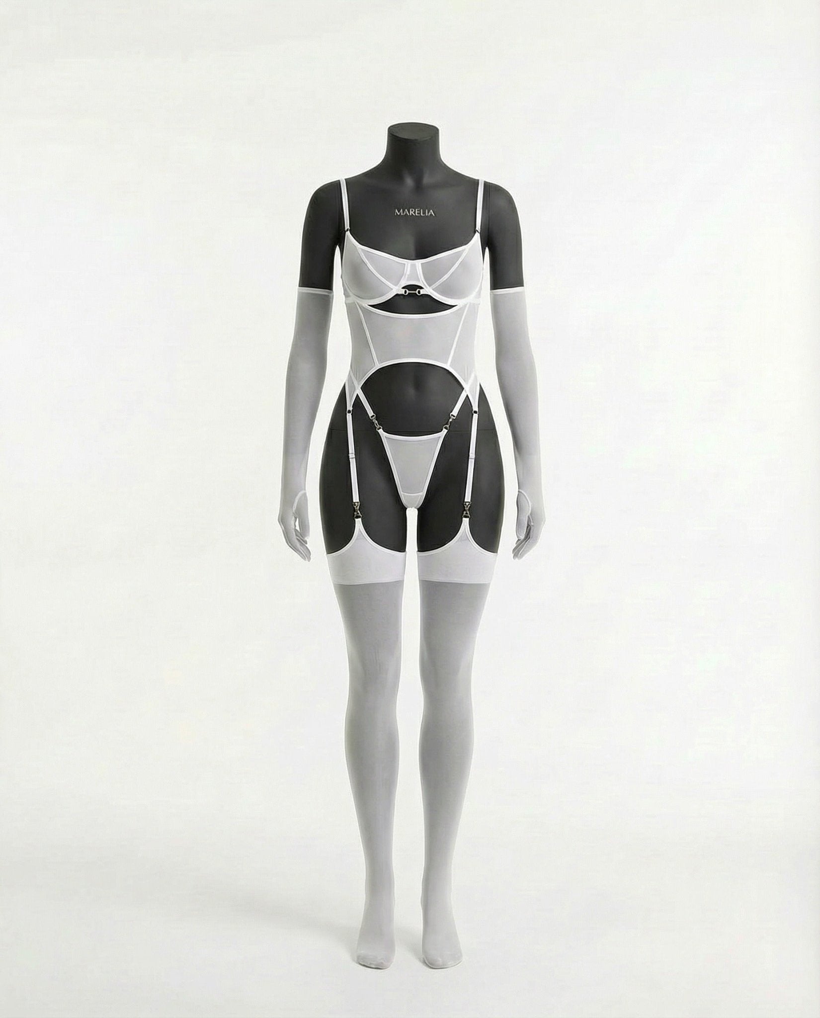 Sheer Mesh Lingerie Set With Opera Gloves - AR UNIVERSALghntshBodysuit