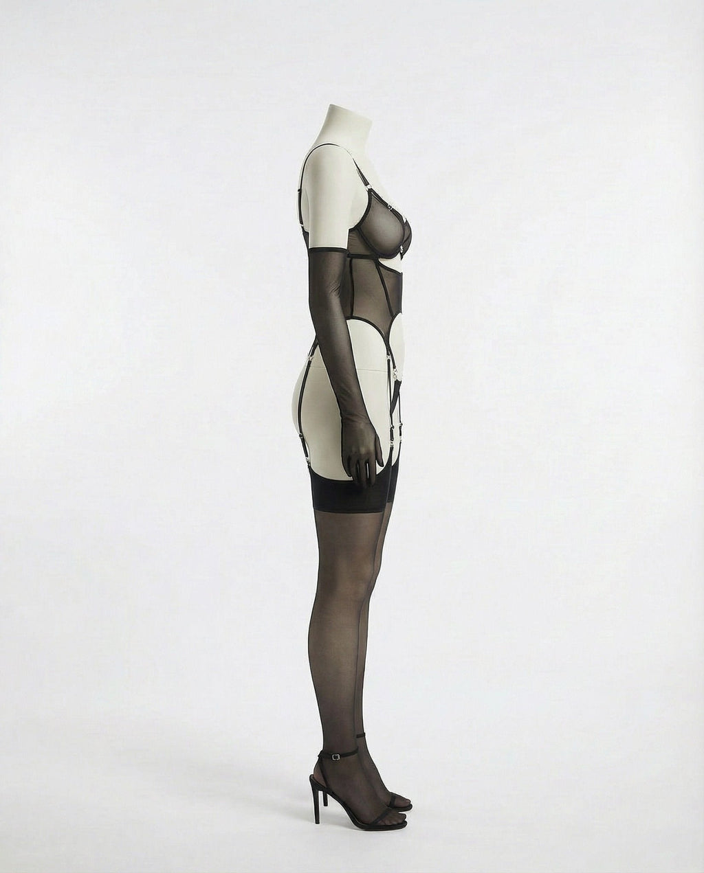 Sheer Mesh Lingerie Set With Opera Gloves - AR UNIVERSALghntshBodysuit