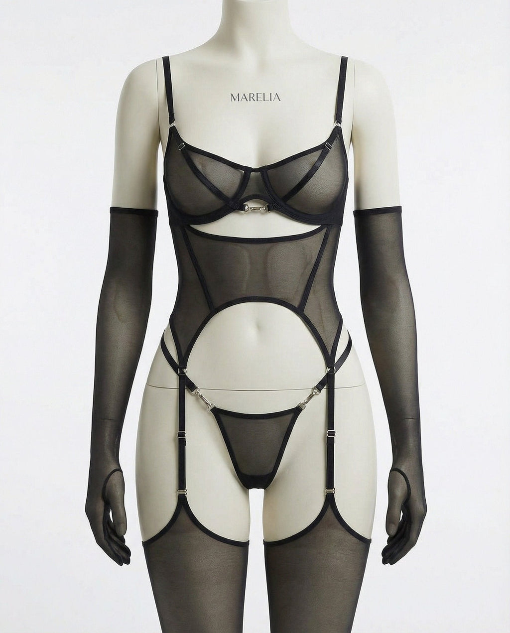 Sheer Mesh Lingerie Set With Opera Gloves - AR UNIVERSALghntshBodysuit