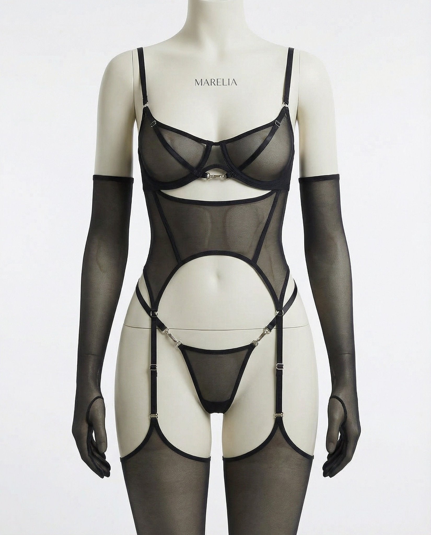 Sheer Mesh Lingerie Set With Opera Gloves - AR UNIVERSALghntshBodysuit