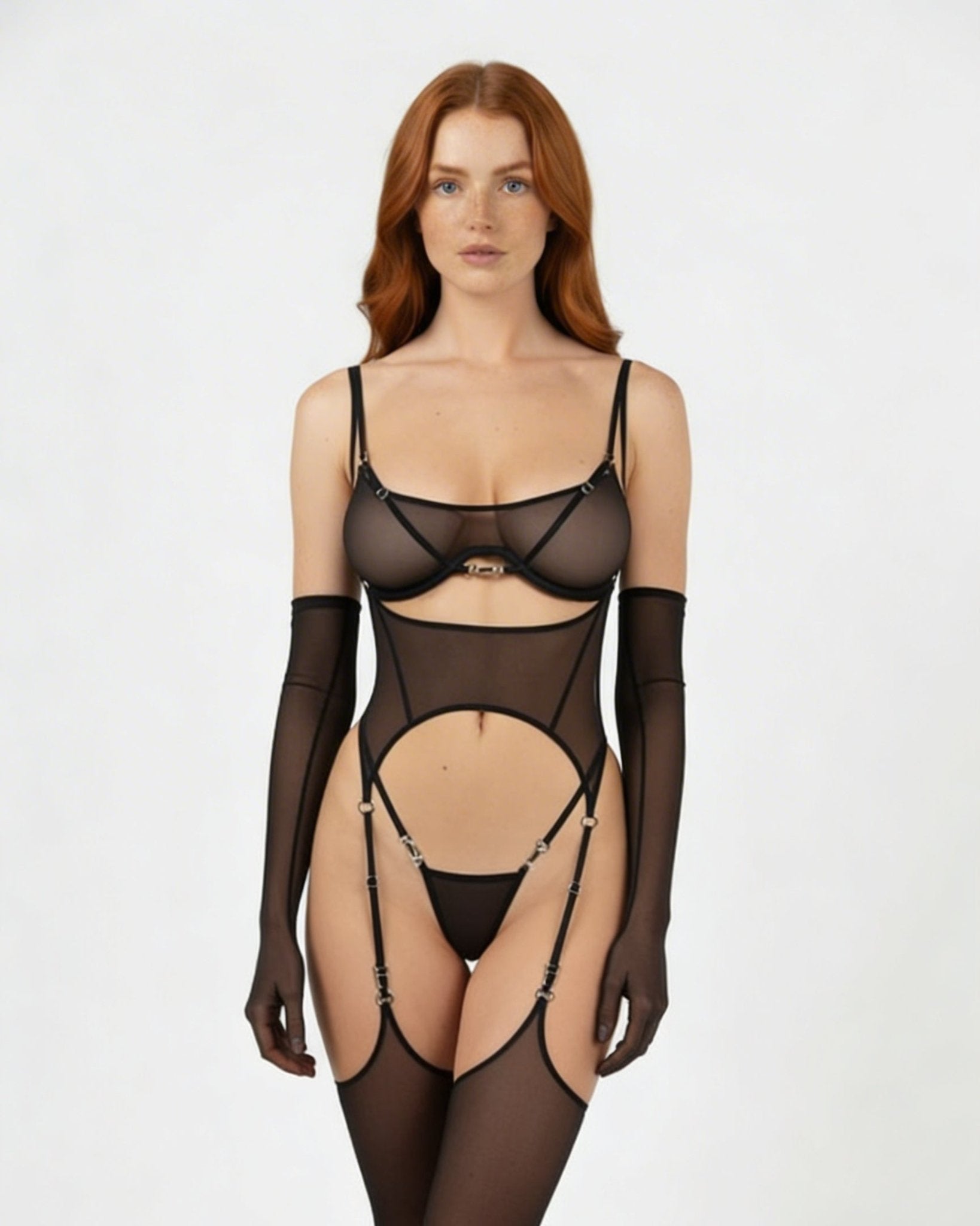 Sheer Mesh Lingerie Set With Opera Gloves - AR UNIVERSALghntshBodysuit