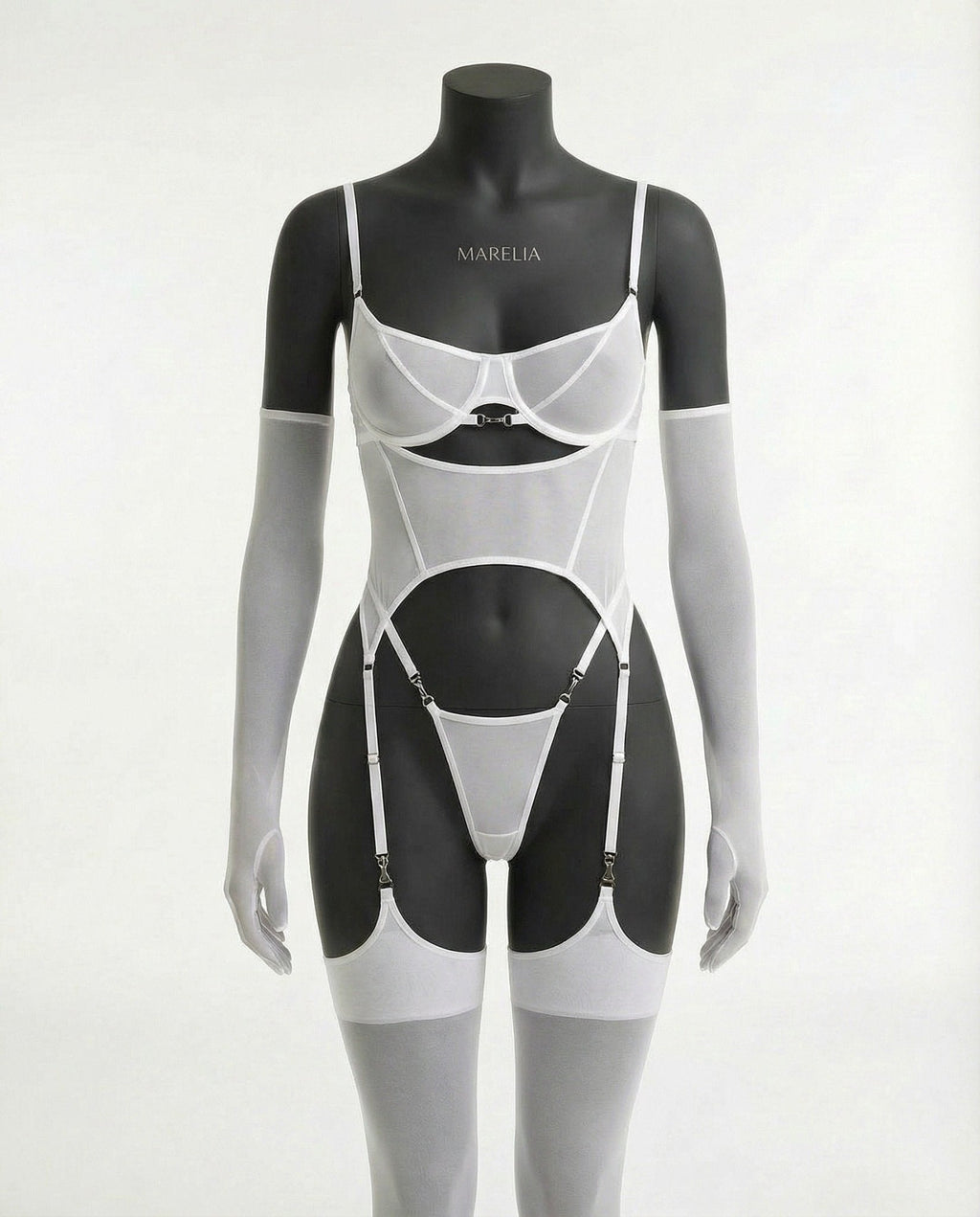Sheer Mesh Lingerie Set With Opera Gloves - AR UNIVERSALghntshBodysuit