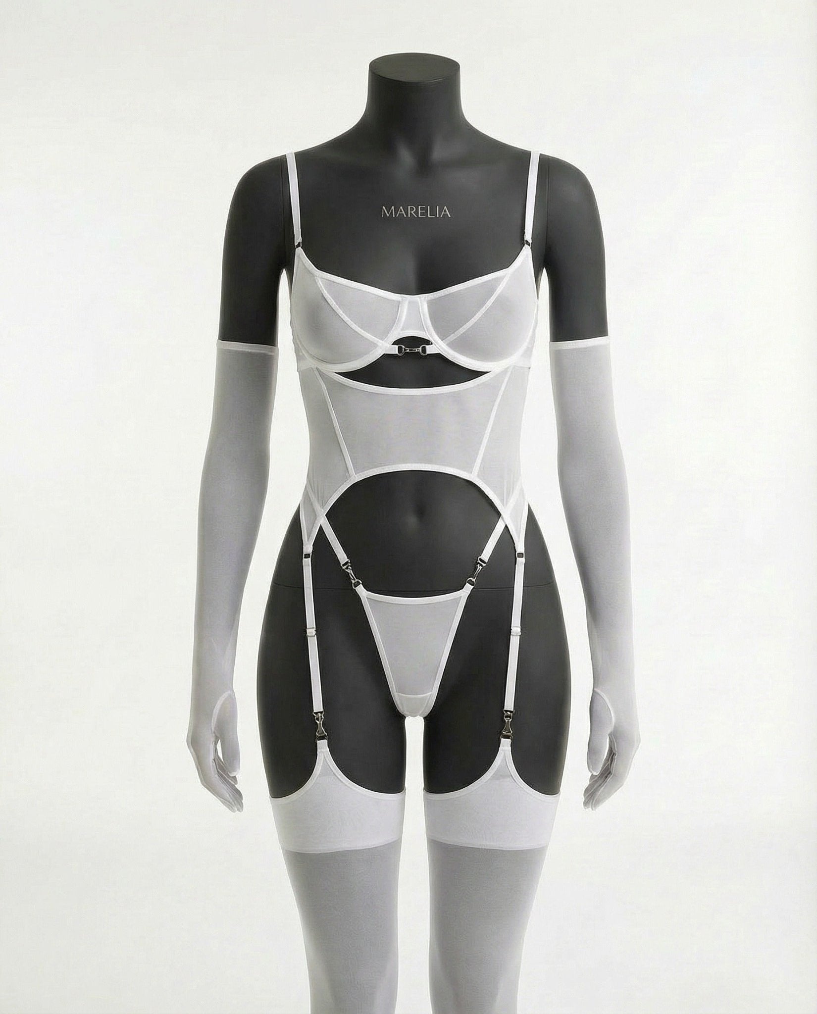 Sheer Mesh Lingerie Set With Opera Gloves - AR UNIVERSALghntshBodysuit