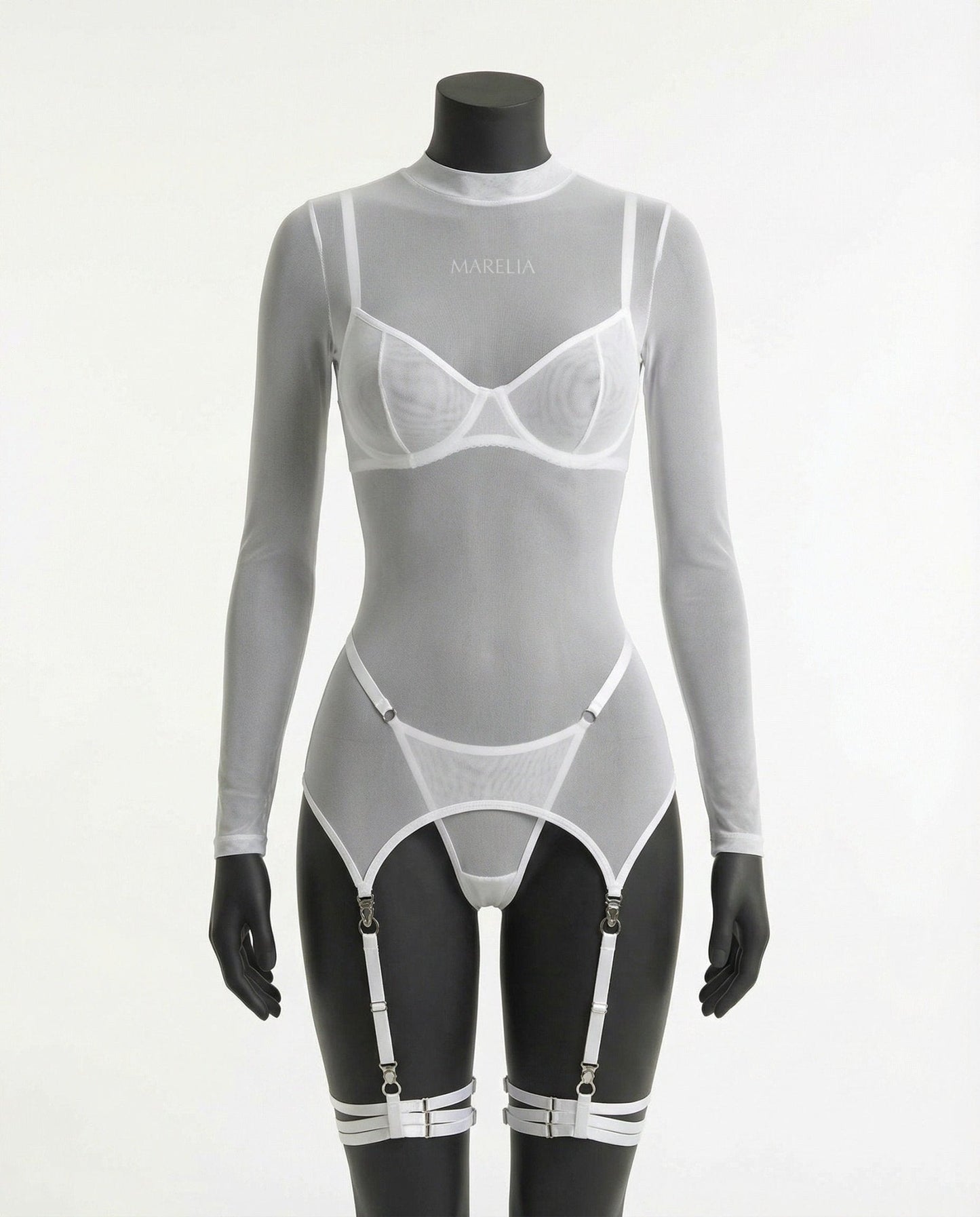 Sheer Mesh Long Sleeve Set With Bra And Panty