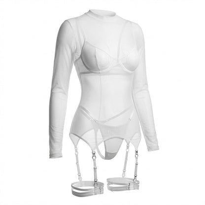 Sheer Mesh Long Sleeve Set With Bra And Panty