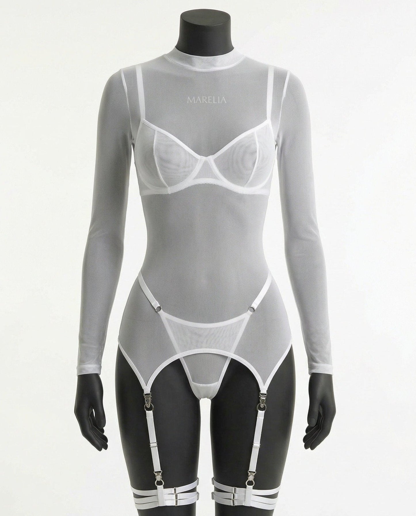 Sheer Mesh Long Sleeve Set With Bra And Panty