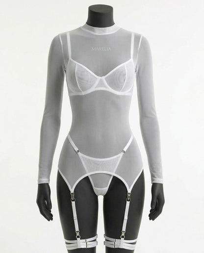 Sheer Mesh Long Sleeve Set With Bra And Panty