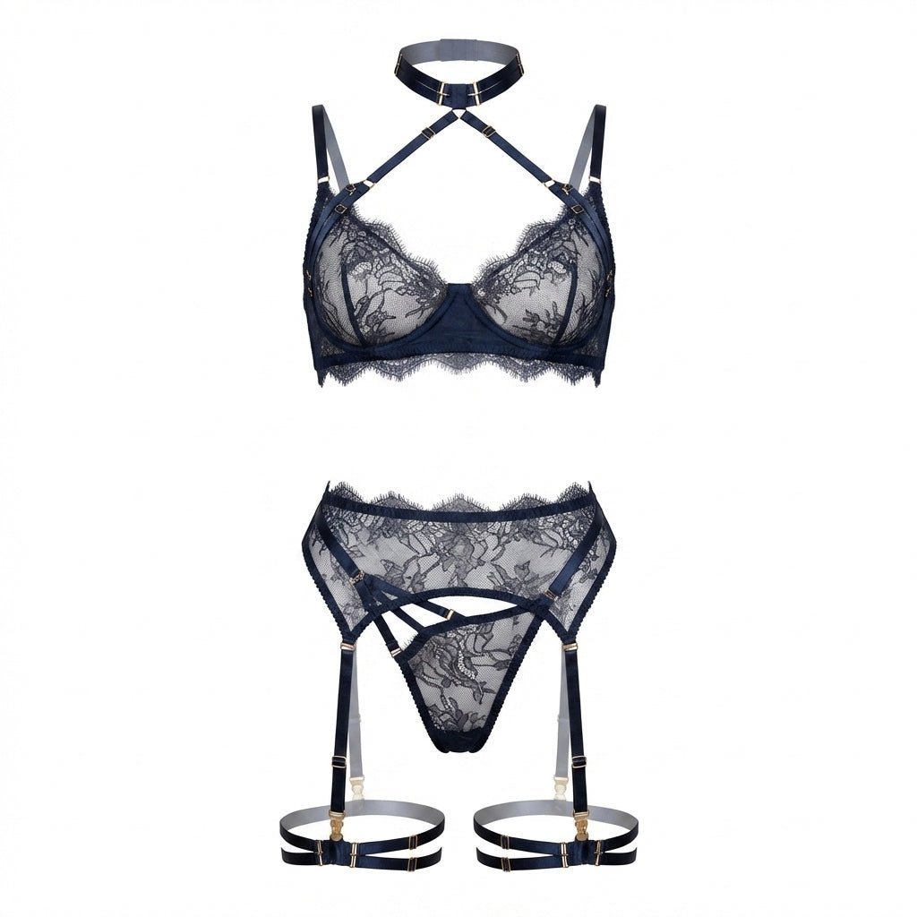 Strappy Collar Lace Bra Garter Belt And Thong Set - AR UNIVERSALghntshLingerie Sets
