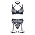 Strappy Collar Lace Bra Garter Belt And Thong Set - AR UNIVERSALghntshLingerie Sets