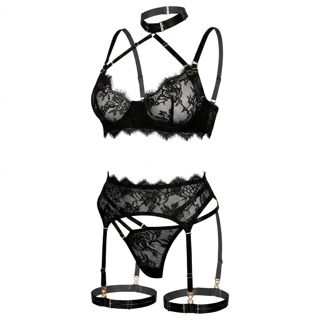 Strappy Collar Lace Bra Garter Belt And Thong Set - AR UNIVERSALghntshLingerie Sets