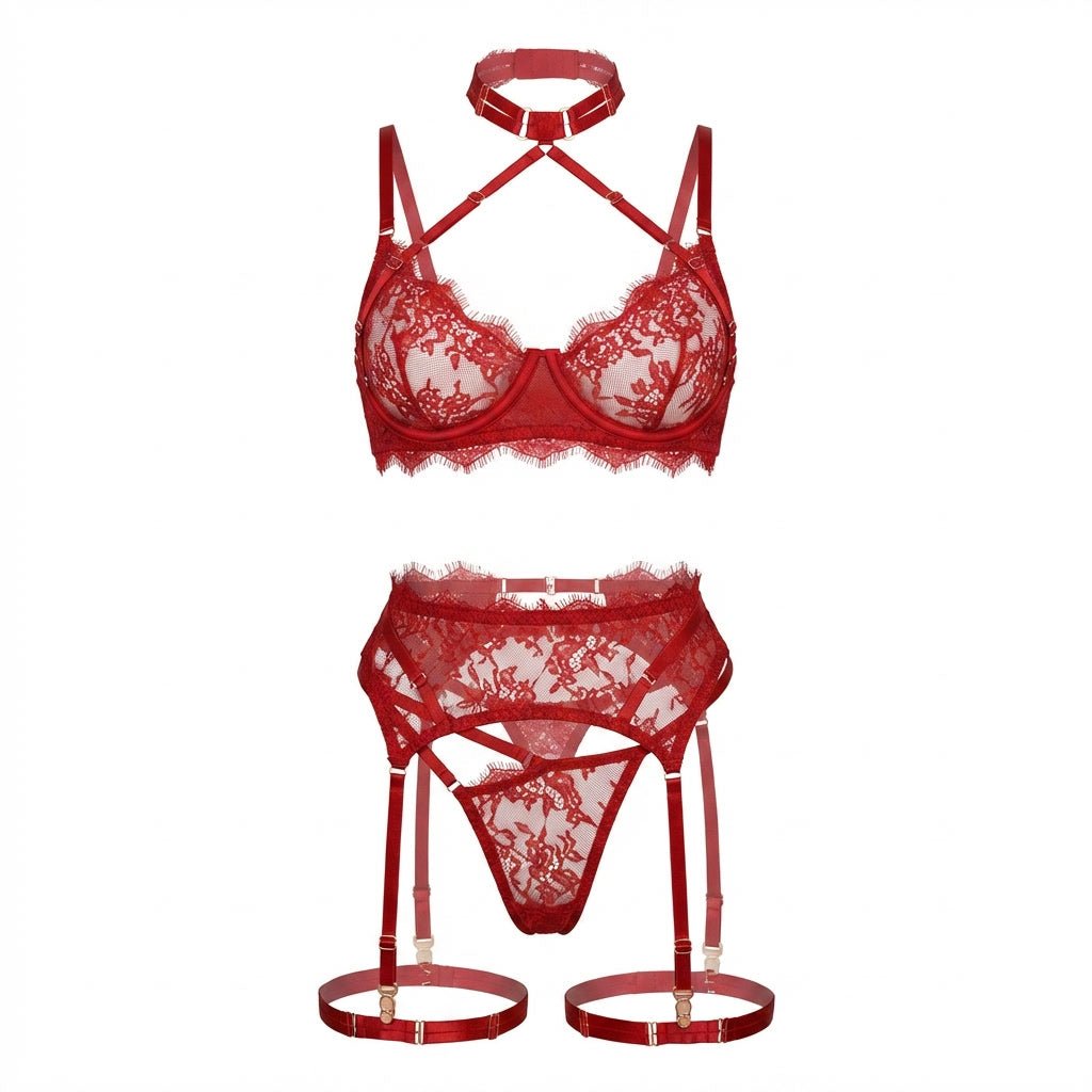 Strappy Collar Lace Bra Garter Belt And Thong Set - AR UNIVERSALghntshLingerie Sets