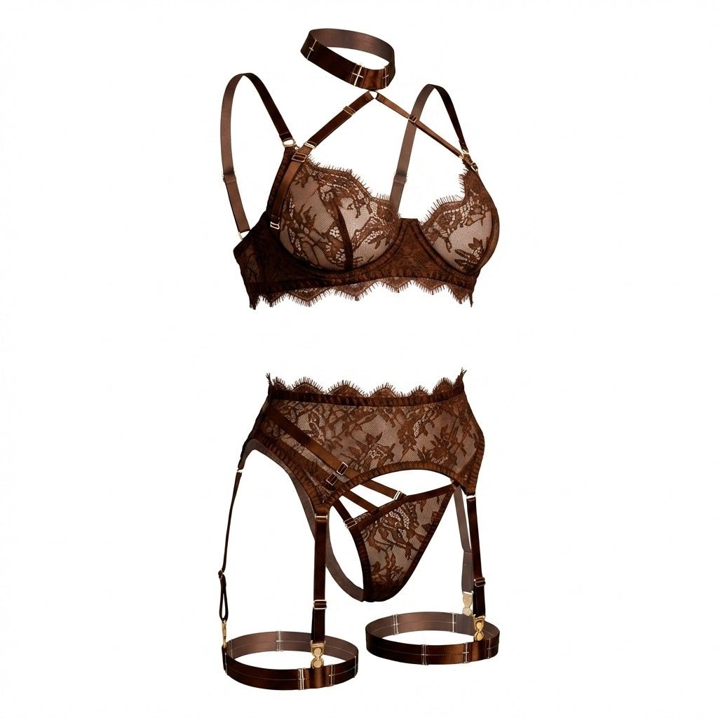 Strappy Collar Lace Bra Garter Belt And Thong Set - AR UNIVERSALghntshLingerie Sets