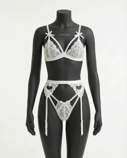 Valentine's Lace Bra Suspender Belt And Thong Set