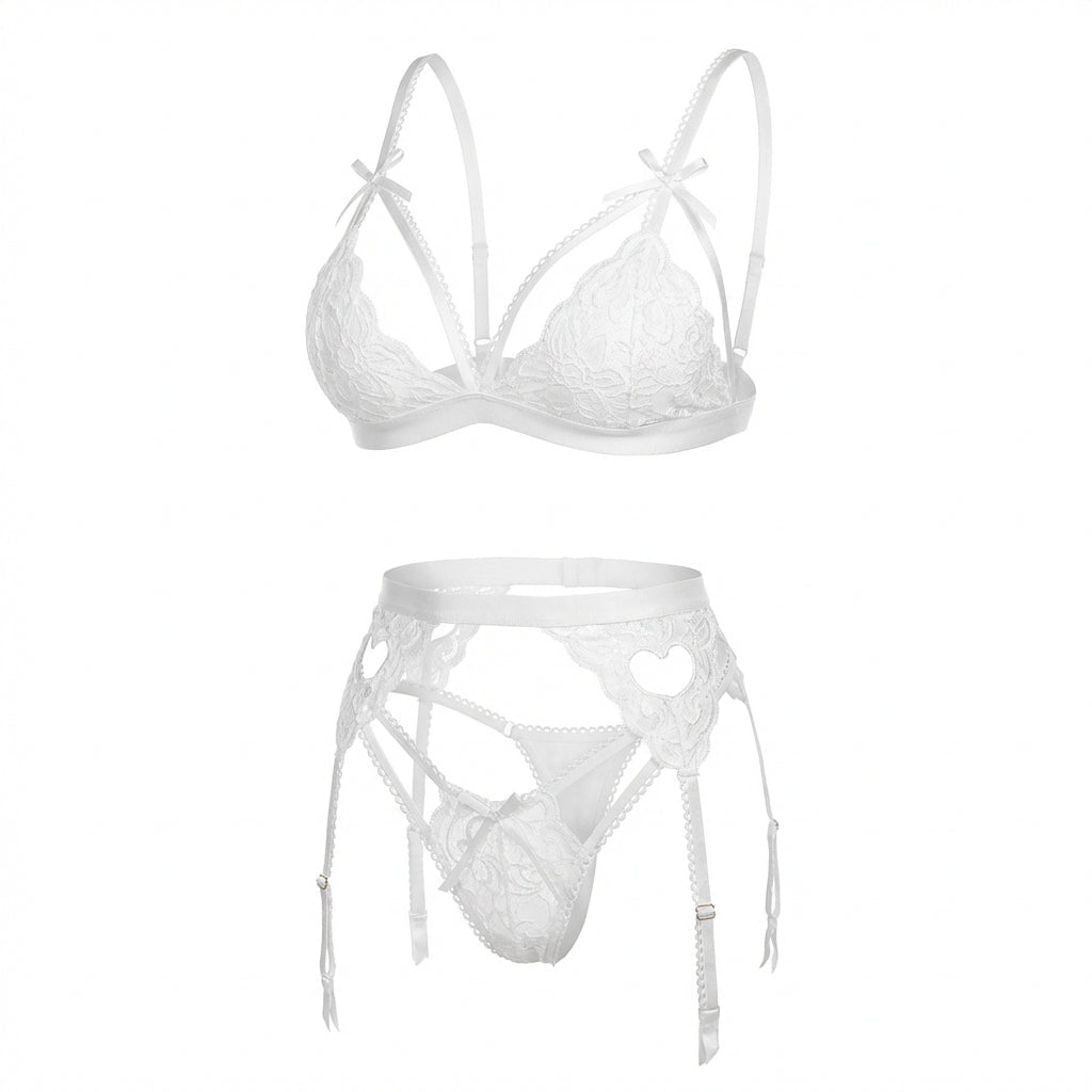 Valentine's Lace Bra Suspender Belt And Thong Set