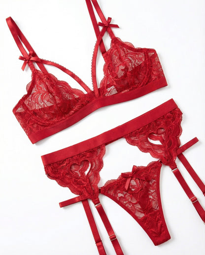 Valentine's Lace Bra Suspender Belt And Thong Set
