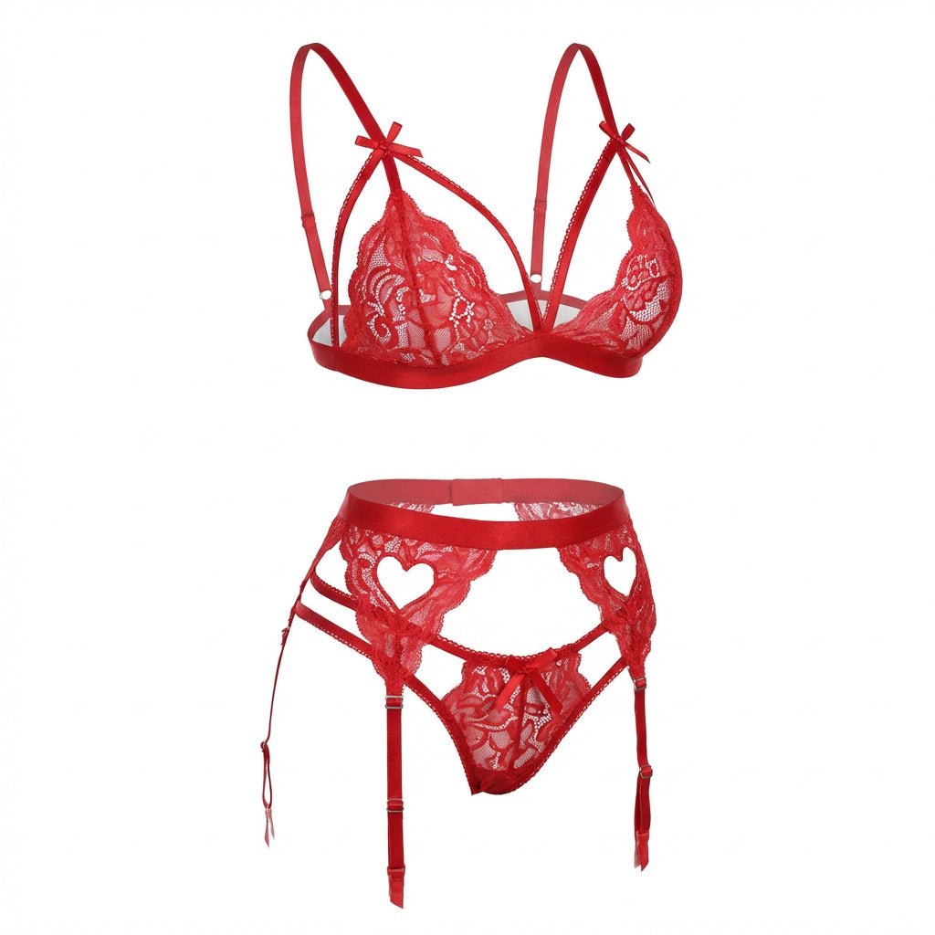 Valentine's Lace Bra Suspender Belt And Thong Set