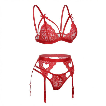 Valentine's Lace Bra Suspender Belt And Thong Set