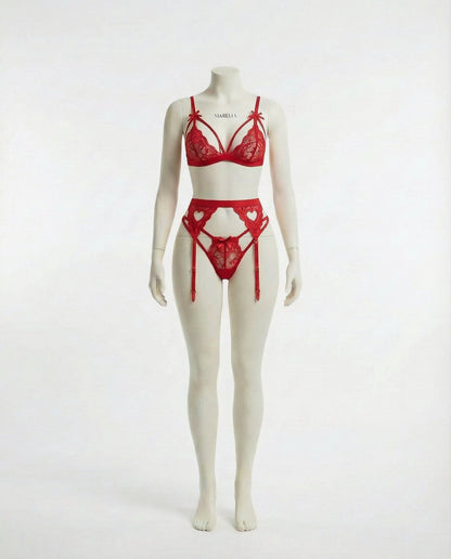 Valentine's Lace Bra Suspender Belt And Thong Set