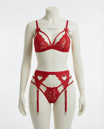 Valentine's Lace Bra Suspender Belt And Thong Set