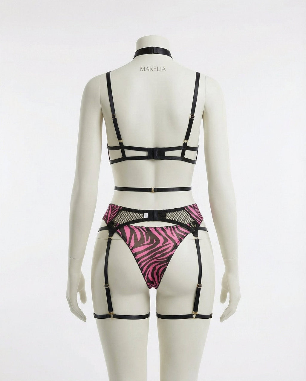 Zebra Print Mesh Bra Garter Belt And Brief Set - AR UNIVERSALghntshLingerie Set
