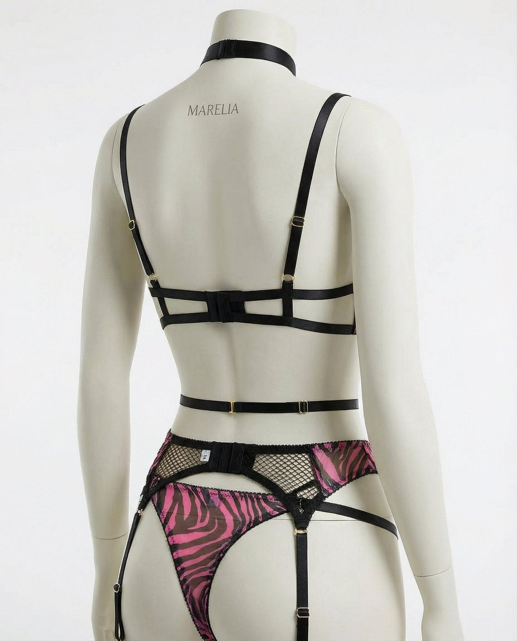 Zebra Print Mesh Bra Garter Belt And Brief Set - AR UNIVERSALghntshLingerie Set