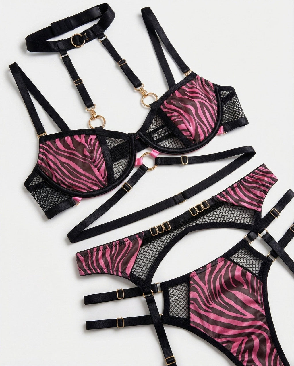 Zebra Print Mesh Bra Garter Belt And Brief Set - AR UNIVERSALghntshLingerie Set
