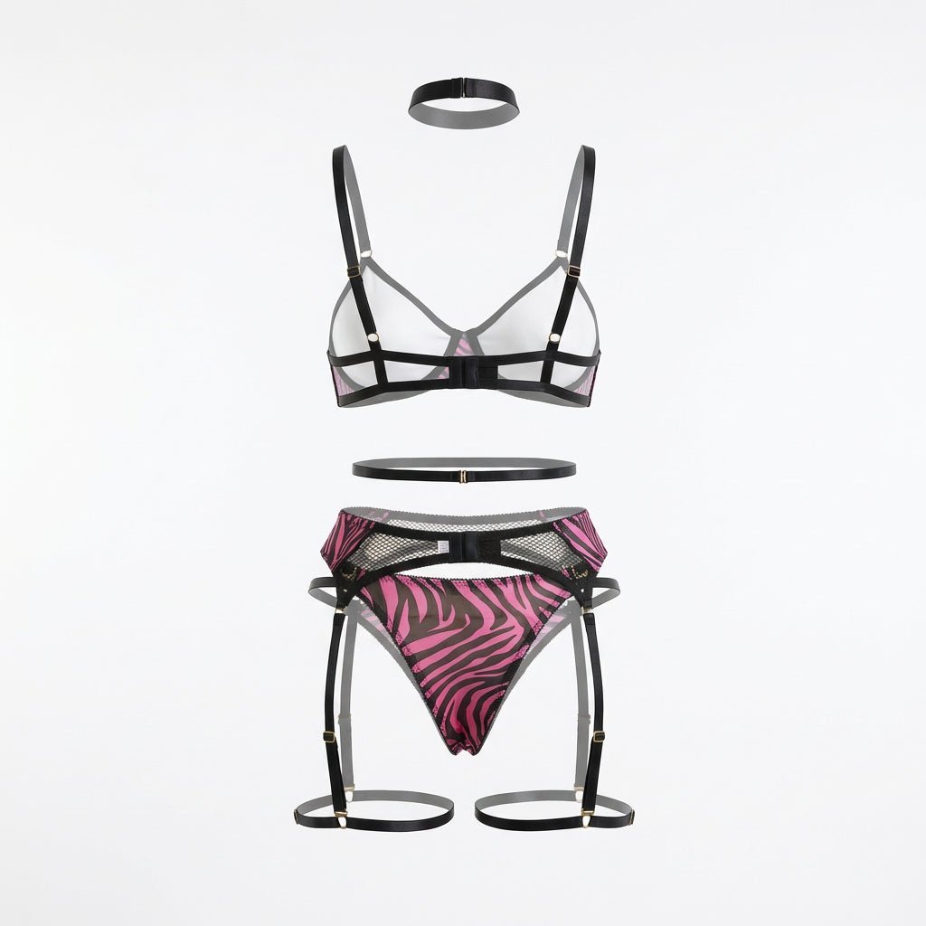 Zebra Print Mesh Bra Garter Belt And Brief Set - AR UNIVERSALghntshLingerie Set