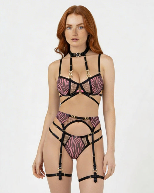 Zebra Print Mesh Bra Garter Belt And Brief Set