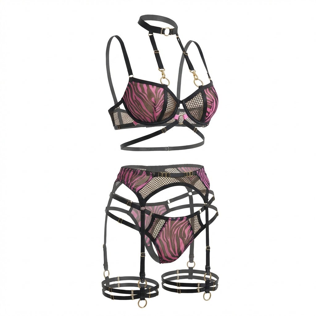 Zebra Print Mesh Bra Garter Belt And Brief Set - AR UNIVERSALghntshLingerie Set