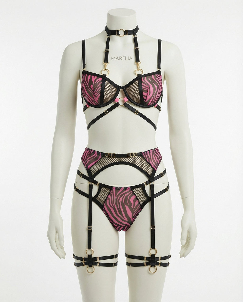 Zebra Print Mesh Bra Garter Belt And Brief Set - AR UNIVERSALghntshLingerie Set