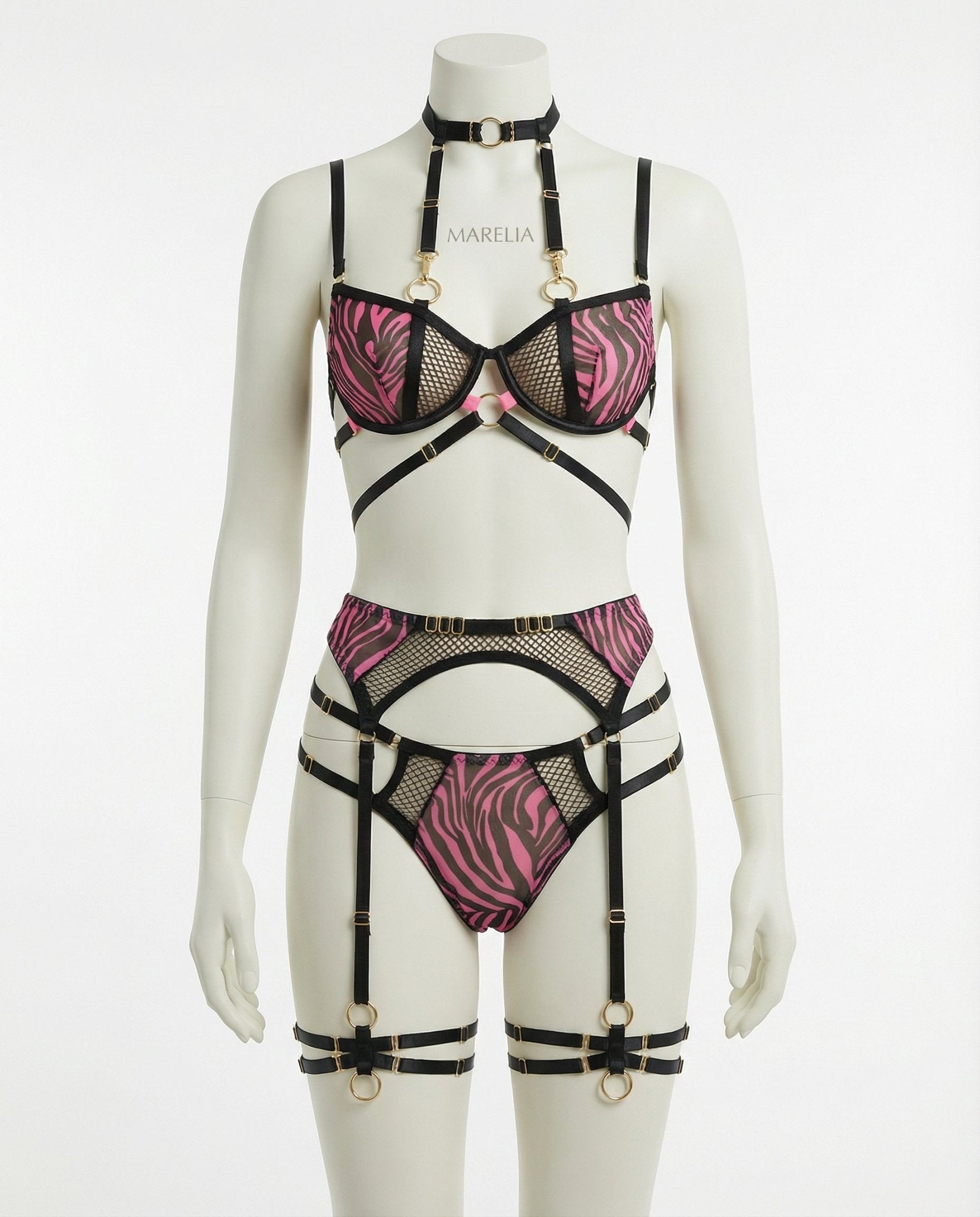 Zebra Print Mesh Bra Garter Belt And Brief Set - AR UNIVERSALghntshLingerie Set